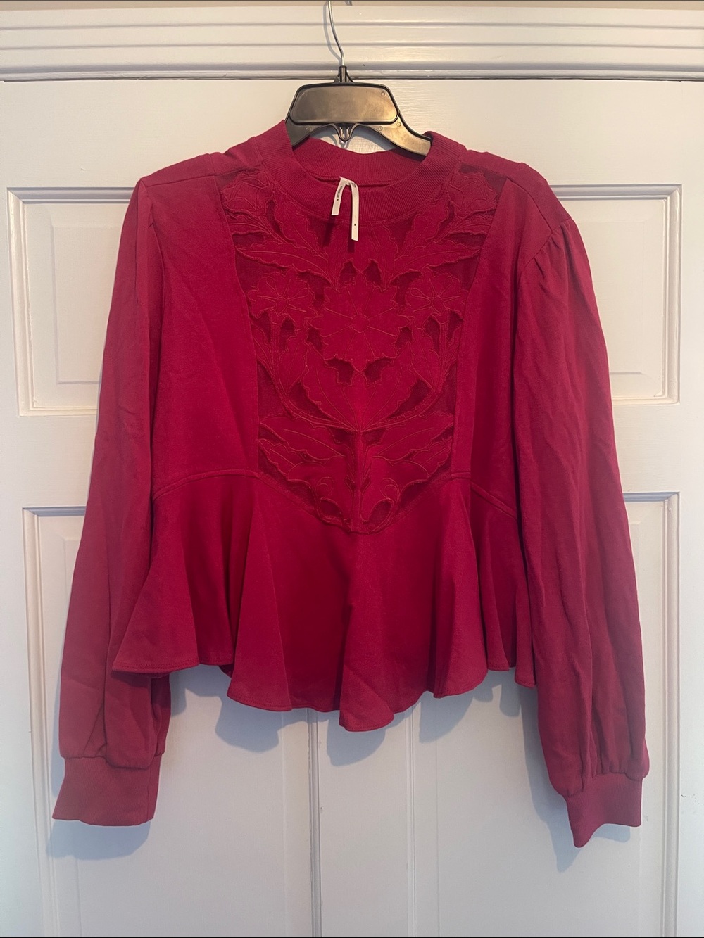 Anthropologie Crimson Lace-Paneled Peplum Sweatshirt